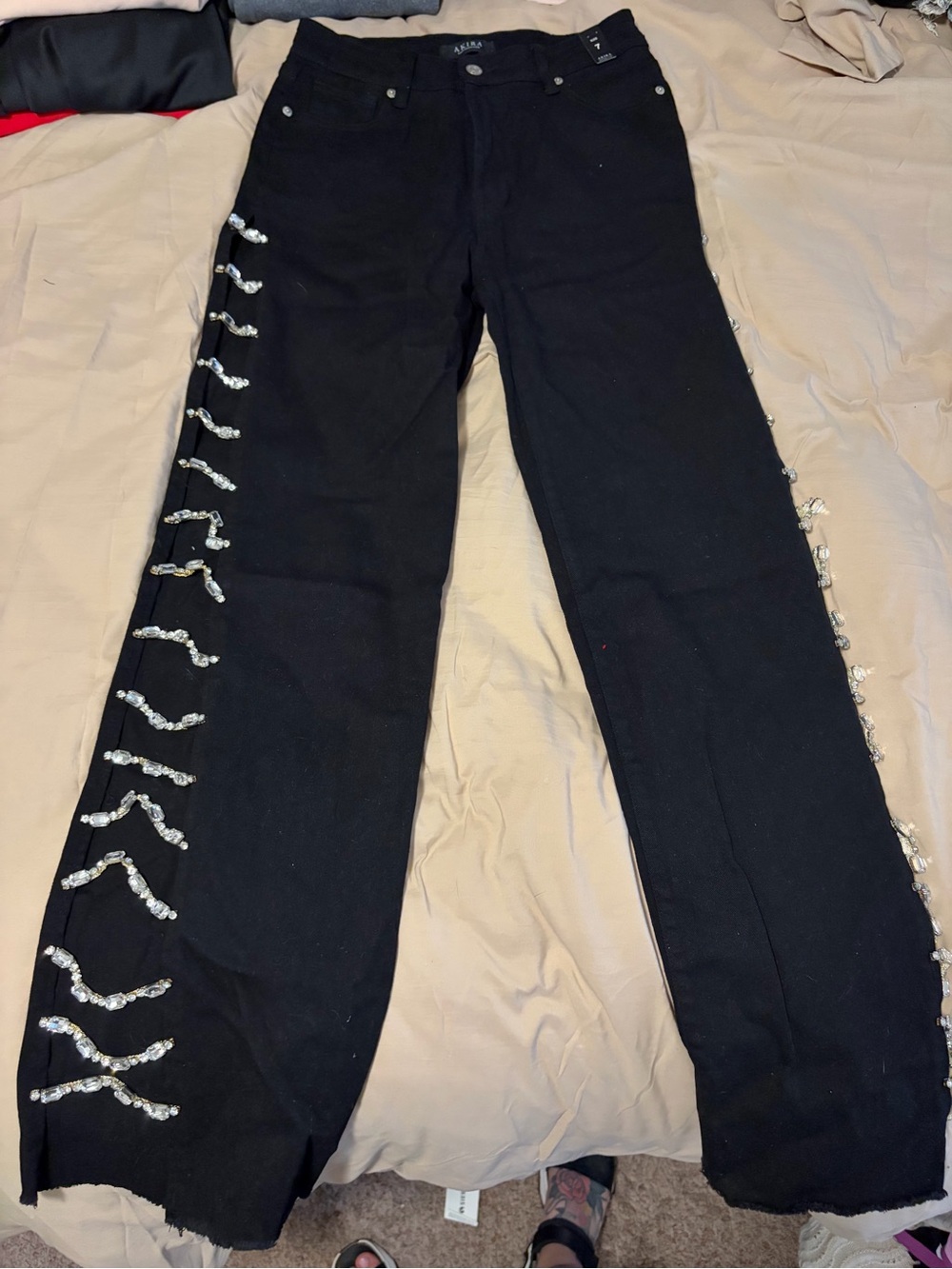 AKIRA Black Wide-Leg Jeans with Side Crystal Lacing